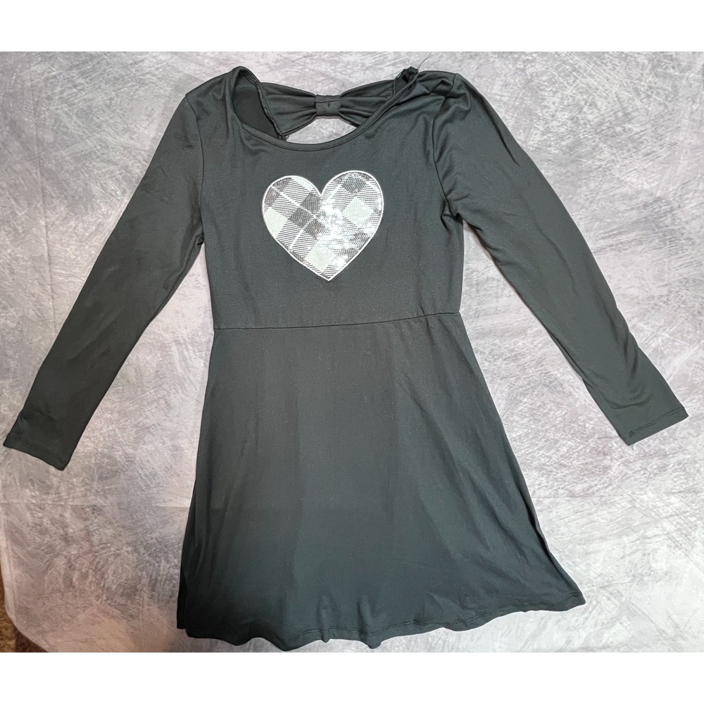 Btween A-Line Dress Girls 12 Black Sequin Plaid Heart Graphic Bow Detail Back